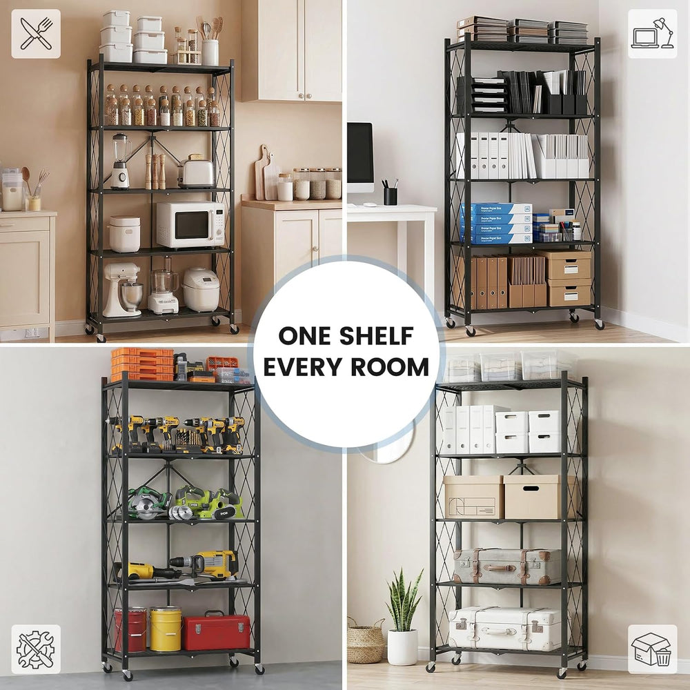 ALANNG 70.7" H Metal Storage Shelves, 5 Tier Folding Shelf on Wheels