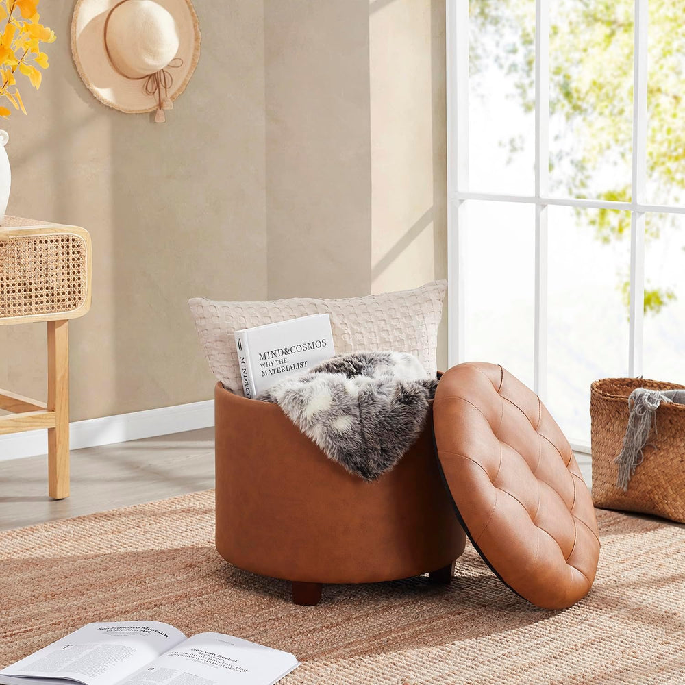 Ornavo Home 18" Round Storage Ottoman with Lid, Holds 300 lbs, Cognac