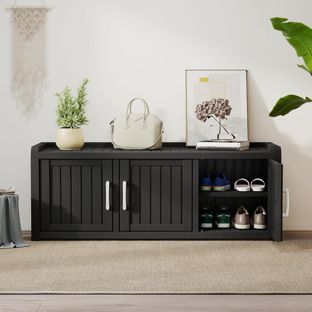 2-Tier Storage Bench, Waterproof UV-Resistant Outdoor Shoe Storage Cabinet wi...
