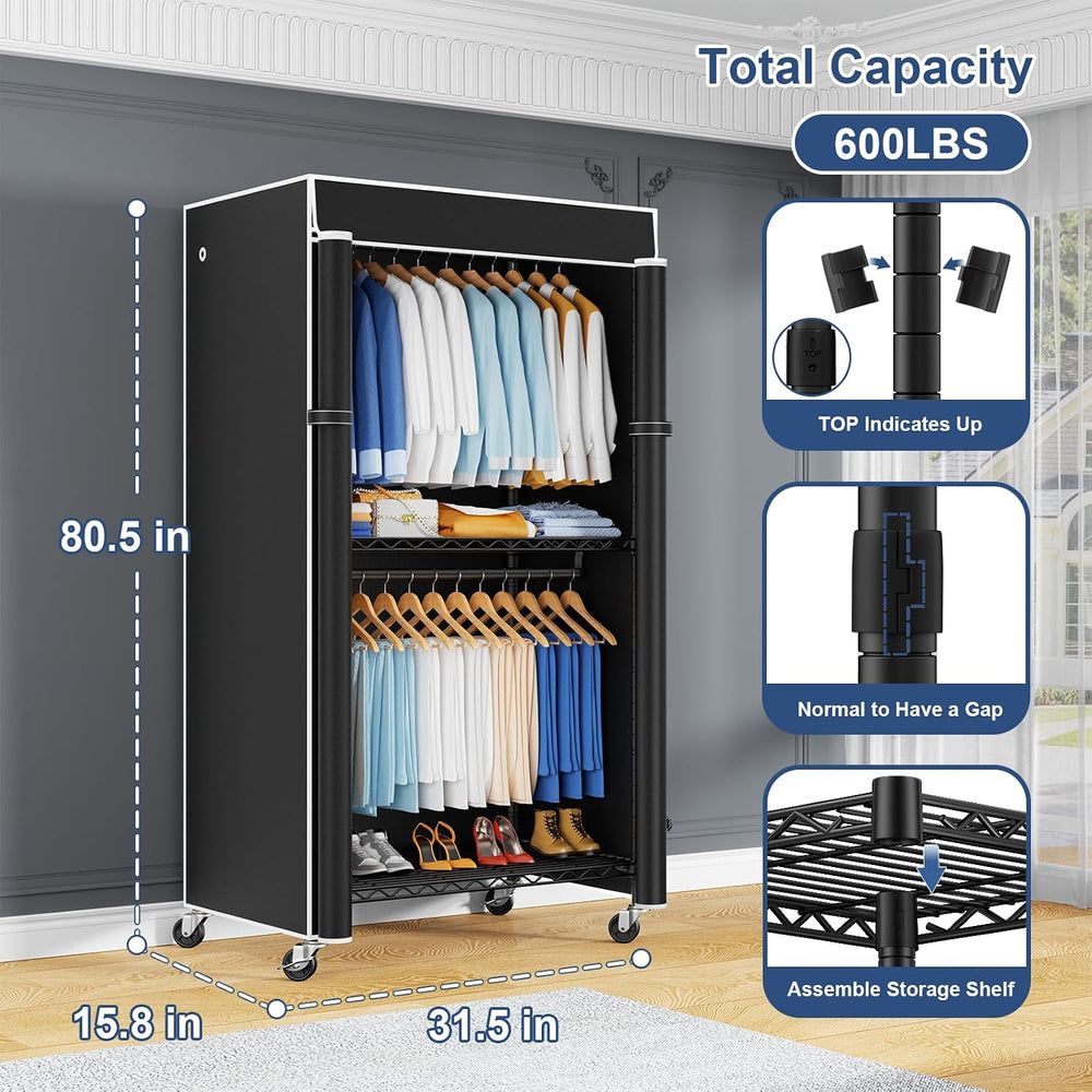 ULIFHOME P8C Heavy Duty Clothes Rack（With Extended Width Design） Rolling Clot...