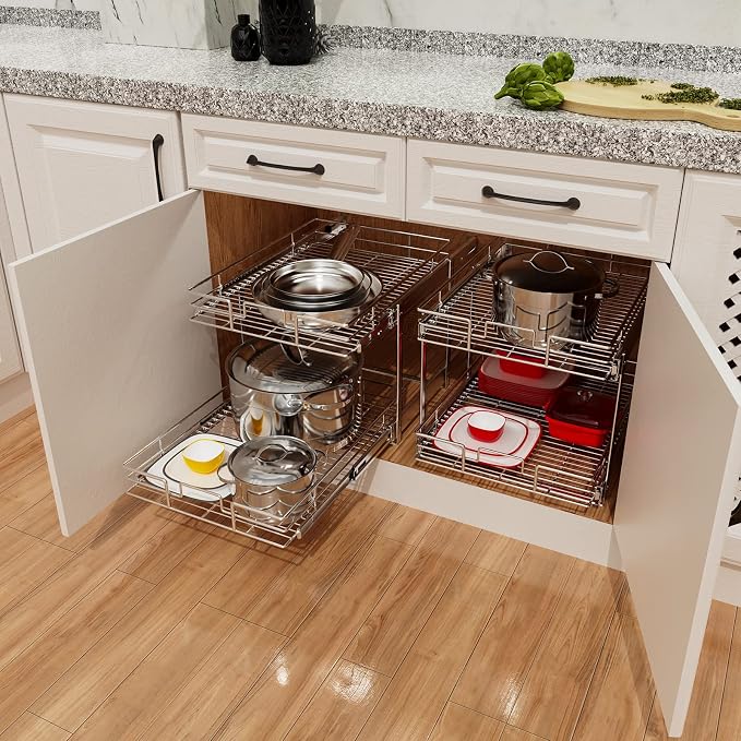 ROOMTEC Individual Pull Out Cabinet Organizer, 2 Tier Spice Rack Organizer