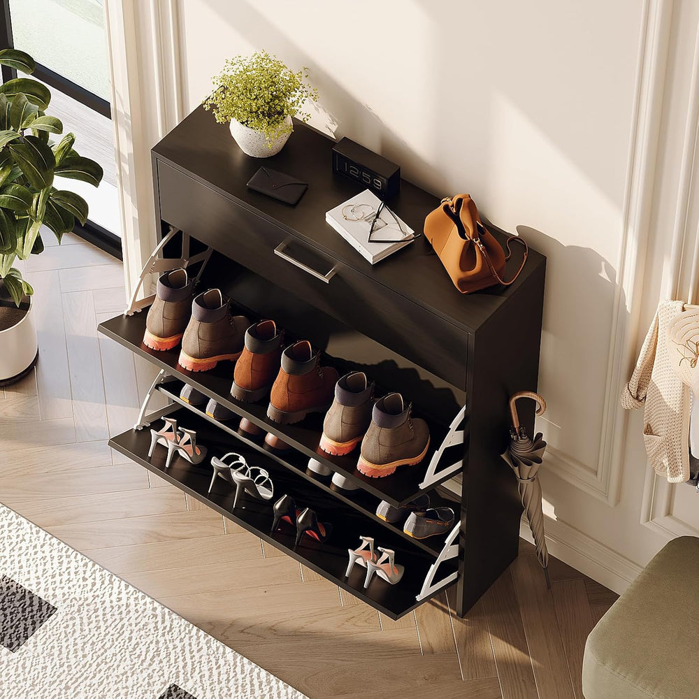 VINGLI Black Shoe Cabinet for Entryway, Modern Slim Shoe Rack Storage with 3 ...