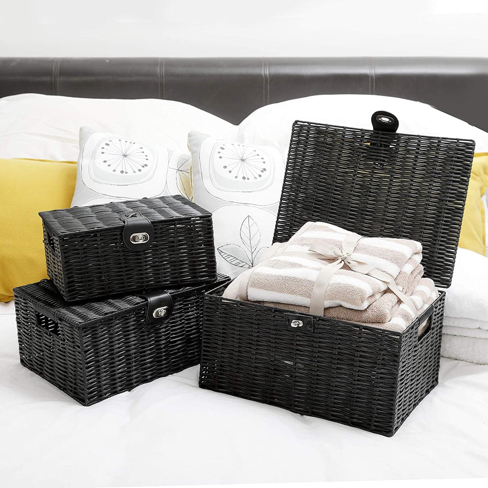 Honygebia Black Wicker Storage Baskets - Set of 3 Decorative Nesting Boxes wi...