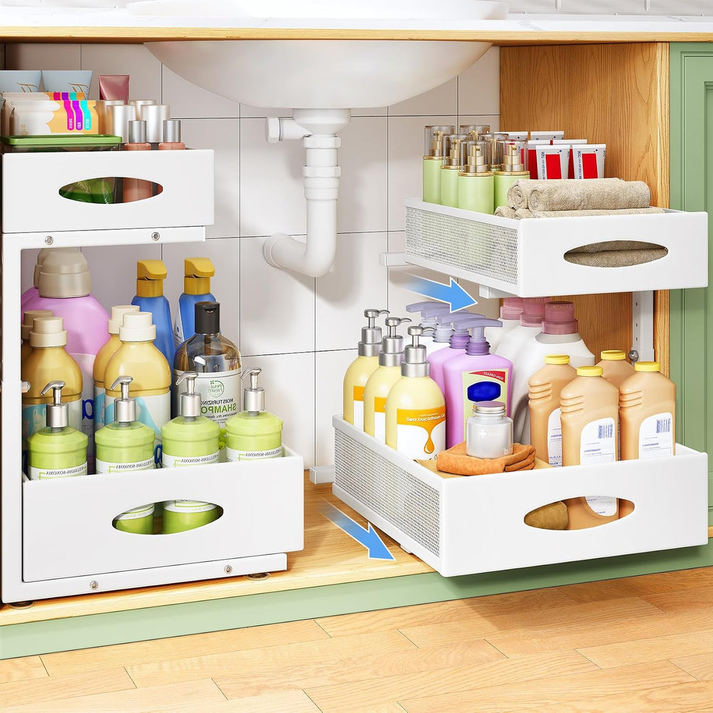 Under Sink Organizer, 2-Pack Pull Out Cabinet Organizer 2 Tier Metal Slide Ou...