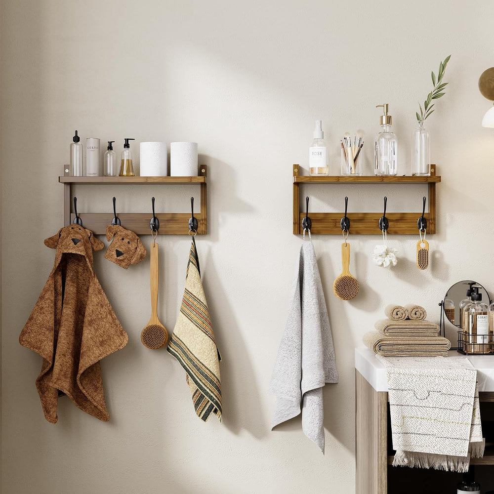 STELLSTAR Coat Rack with Shelf Wall Mount, Entryway Bamboo Hanging Shelf, Set...
