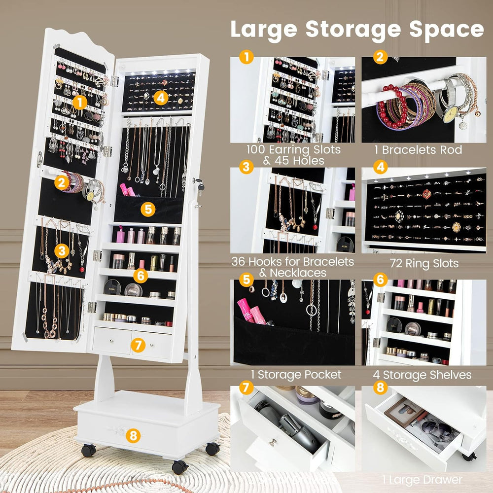 HAPPYGRILL Full Length Jewelry Armoire, Lockable Jewelry Organizer with Wheel...