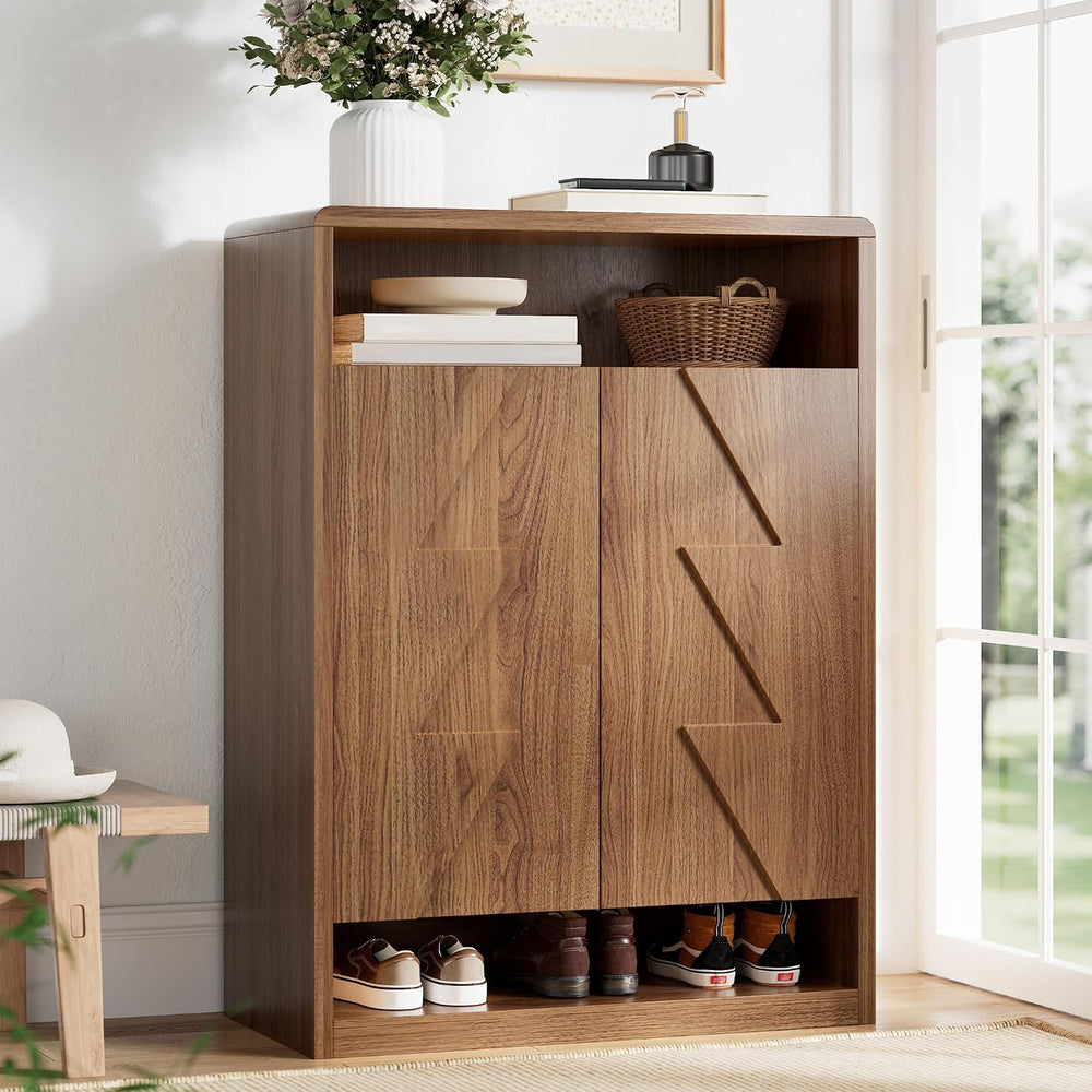 6-Tier Shoe Cabinet with 2 Doors, 47.2" Tall Walnut Shoe Storage Cabinet