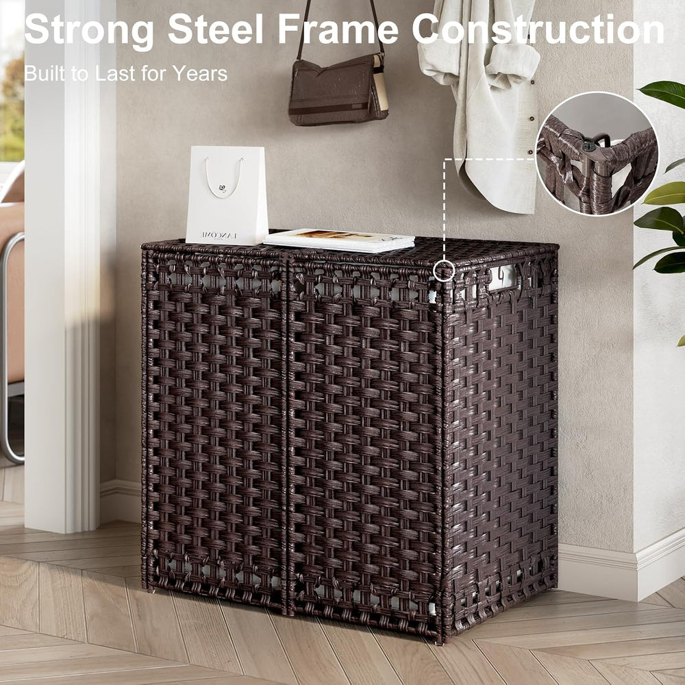 170L Foldable Laundry Hamper with Lid - Handwoven Rattan Storage Basket, 2-Se...