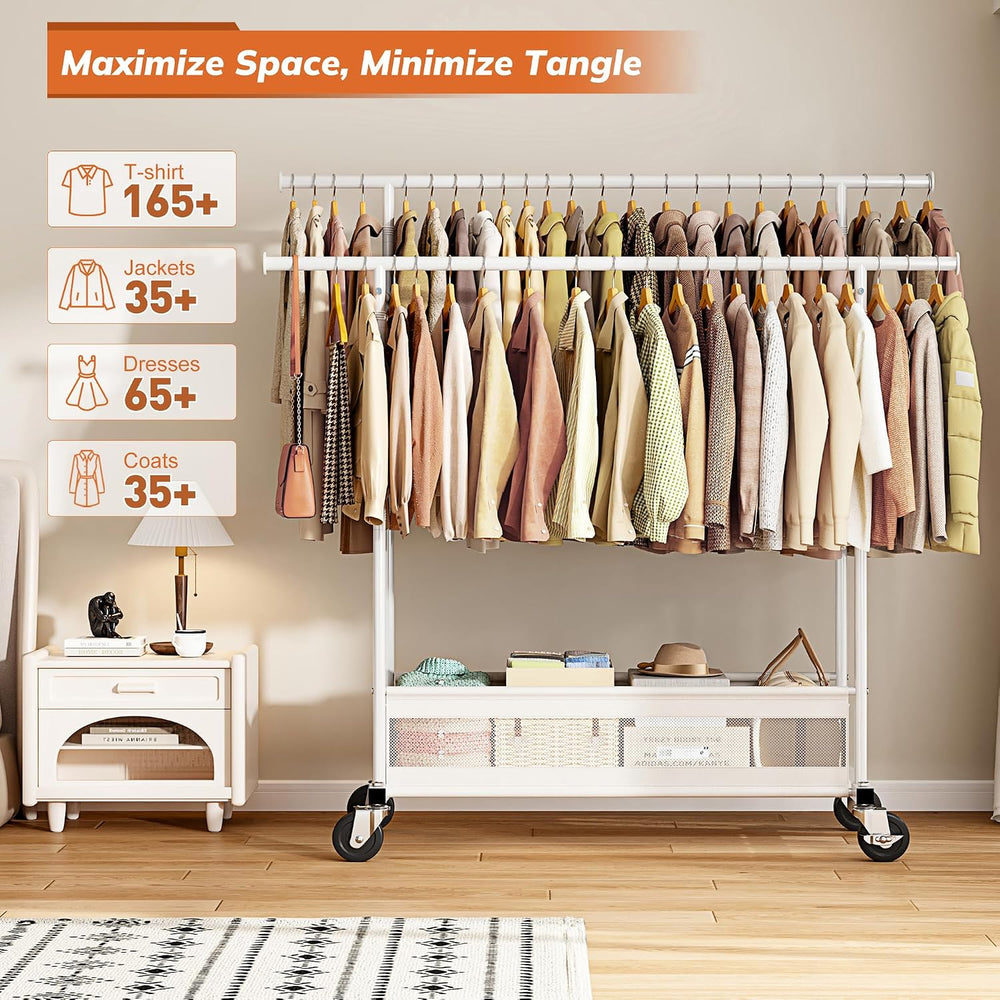 Clothes Rack 210 LBS Double Rods Extra Storage Basket