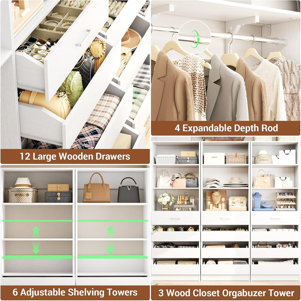 Aheaplus Closet System with 12 Drawers, 138.5" Custom Wood Closet Organizer
