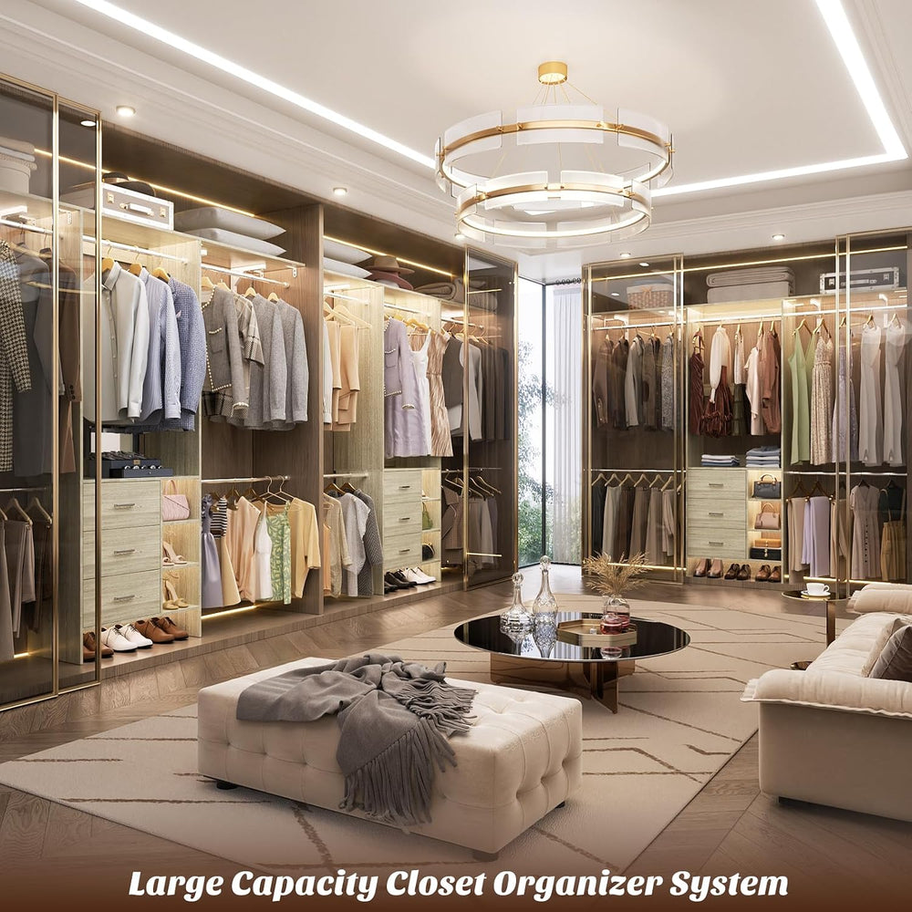 Aheaplus Closet System - 8FT Organizer with 3 Wooden Drawers, Fits 5.3-9 ft W...