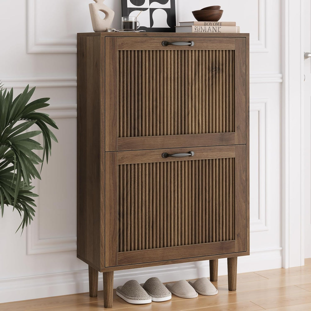 Smuxee Walnut Shoe Cabinet with 2 Flip Drawers, 23.6" Hidden Shoe Storag...