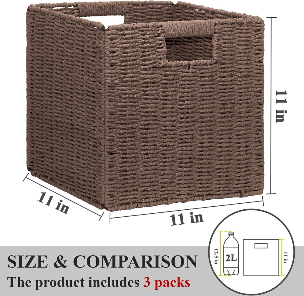 Wicker Storage Baskets for Organizing, 3 Pack Rustic Foldable Square Basket f...