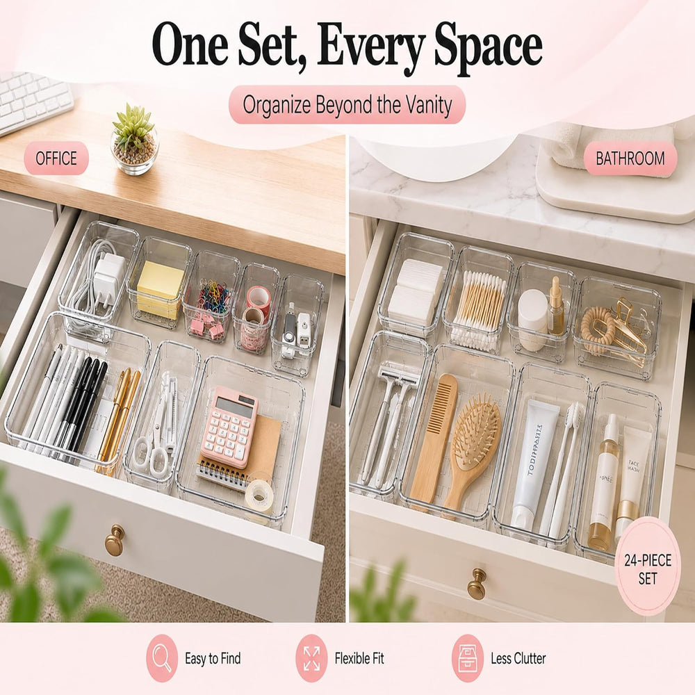 24 Pcs Clear Adjustable Drawer Organizer, 3-Size Expandable Desk Drawer Organ...