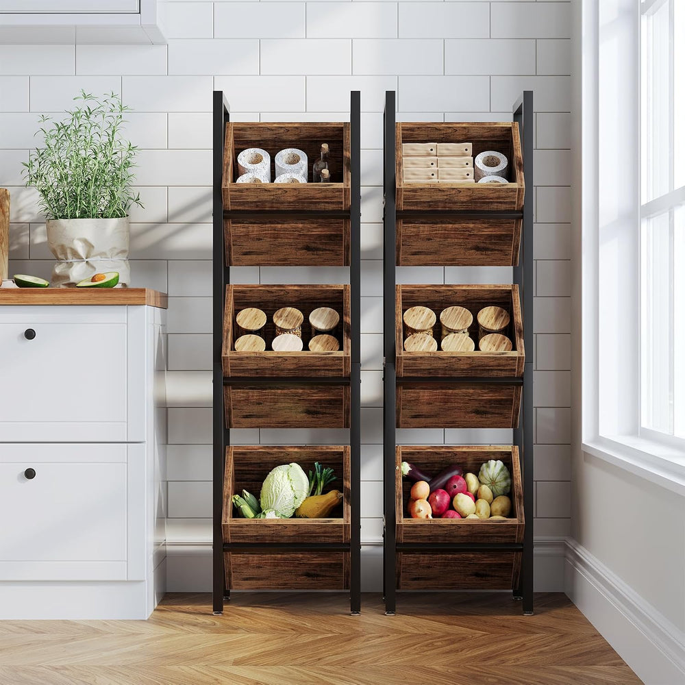 LITTLE TREE 3-Tier Basket Stand, Wooden Floor Stand Shelving Unit, Standing O...