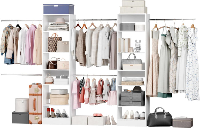 Closet System Set of 2, 6Ft-10Ft Closet Organizer System With Adjustable Shelves, Walk-In Closet Storage System With 10 Expandable Hanging Rods, Adjustable Cloth Garment Rack from 6 to 10FT, White