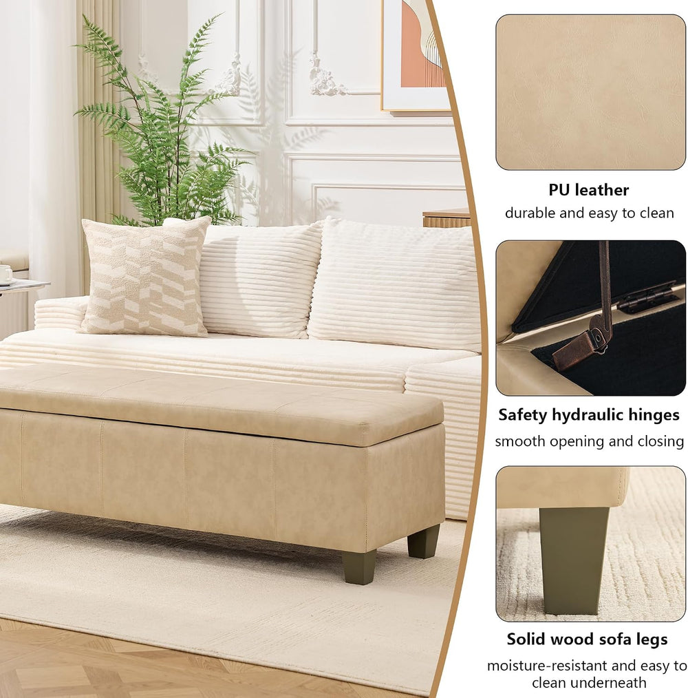 51 Inch Storage Ottoman, Storage Bench with Safety Hinge, Upholstered Synthet...