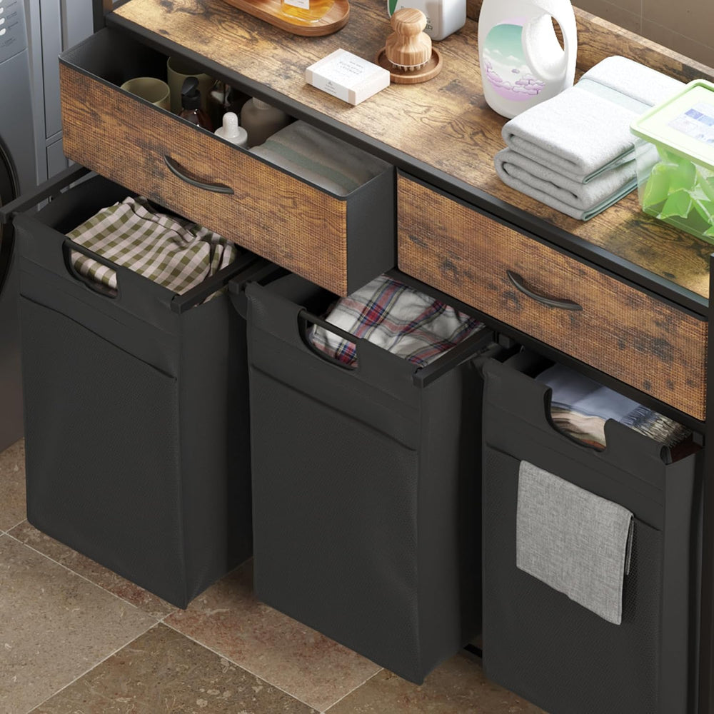 Mondeer 150L Laundry Sorter 3 Section with 3 Bags 4 Wheels 2 Drawers