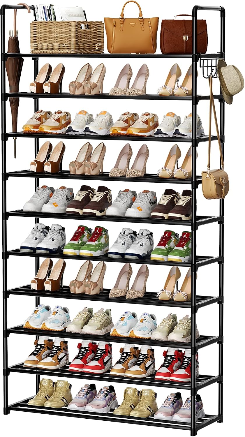Shoe Rack, 10 Tier Shoe Storage Organizer with Hooks,Fit 40-45 Pairs Shoes,Me...