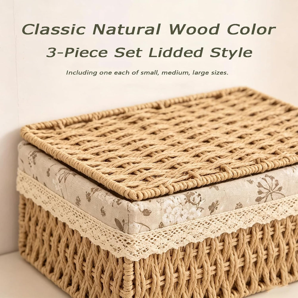 Wicker Storage Baskets with Lids, Set of 3 Nesting Natural Rattan Organizer B...