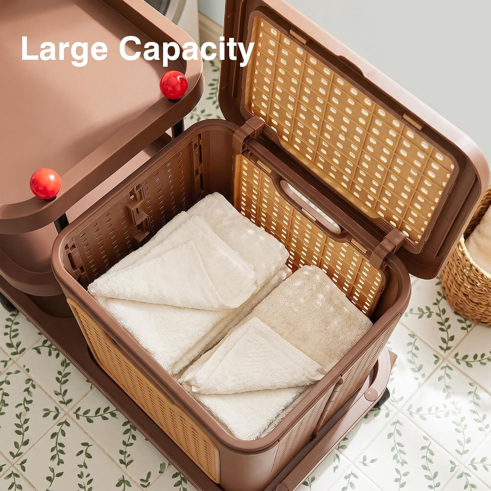 VECELO Rattan-Style Rolling Laundry Hamper Cart, 3-Tier Storage Shelf with Wh...