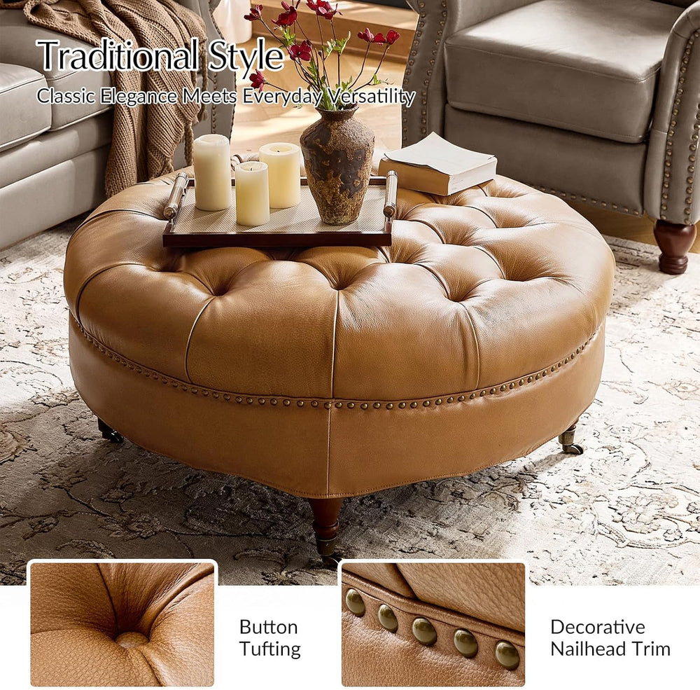 HULALA HOME 40" Genuine Leather Coffee Table with Rolling Wheels, Camel