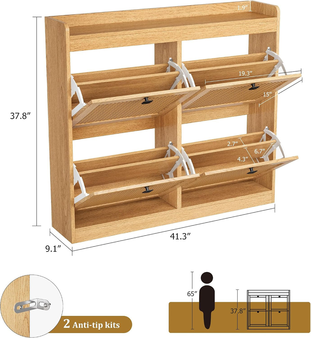Garvee Shoe Storage Cabinet with 4 Flip Drawers, Wood Shoe Cabinet with Ratta...