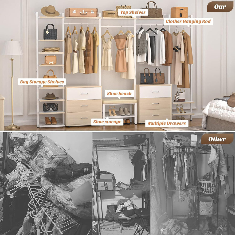 Aheaplus Closet System with 6 Drawers, 8FT Wood & Metal Closet Organizer