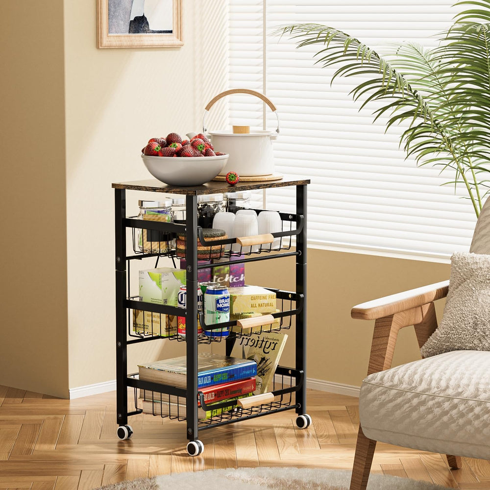 JAQ Fruit Vegetables Carts, 4-Tier Slide Out Metal Storage Baskets Stand Orga...