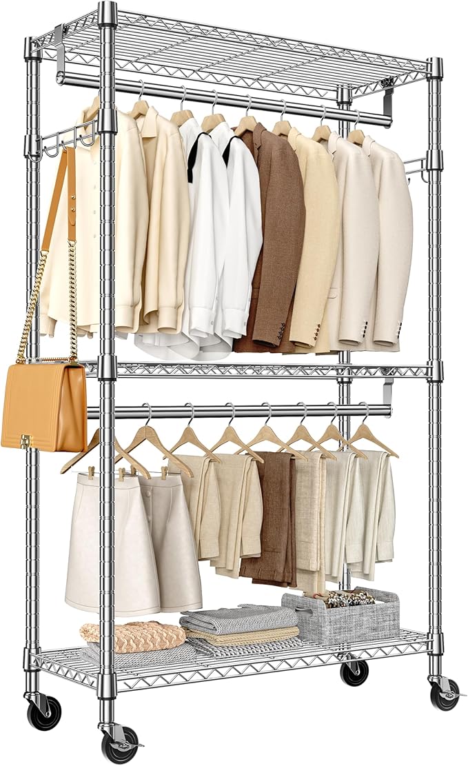 Heavy Duty Rolling Garment Rack 3 Tiers Adjustable Wire Shelving Clothes Rack