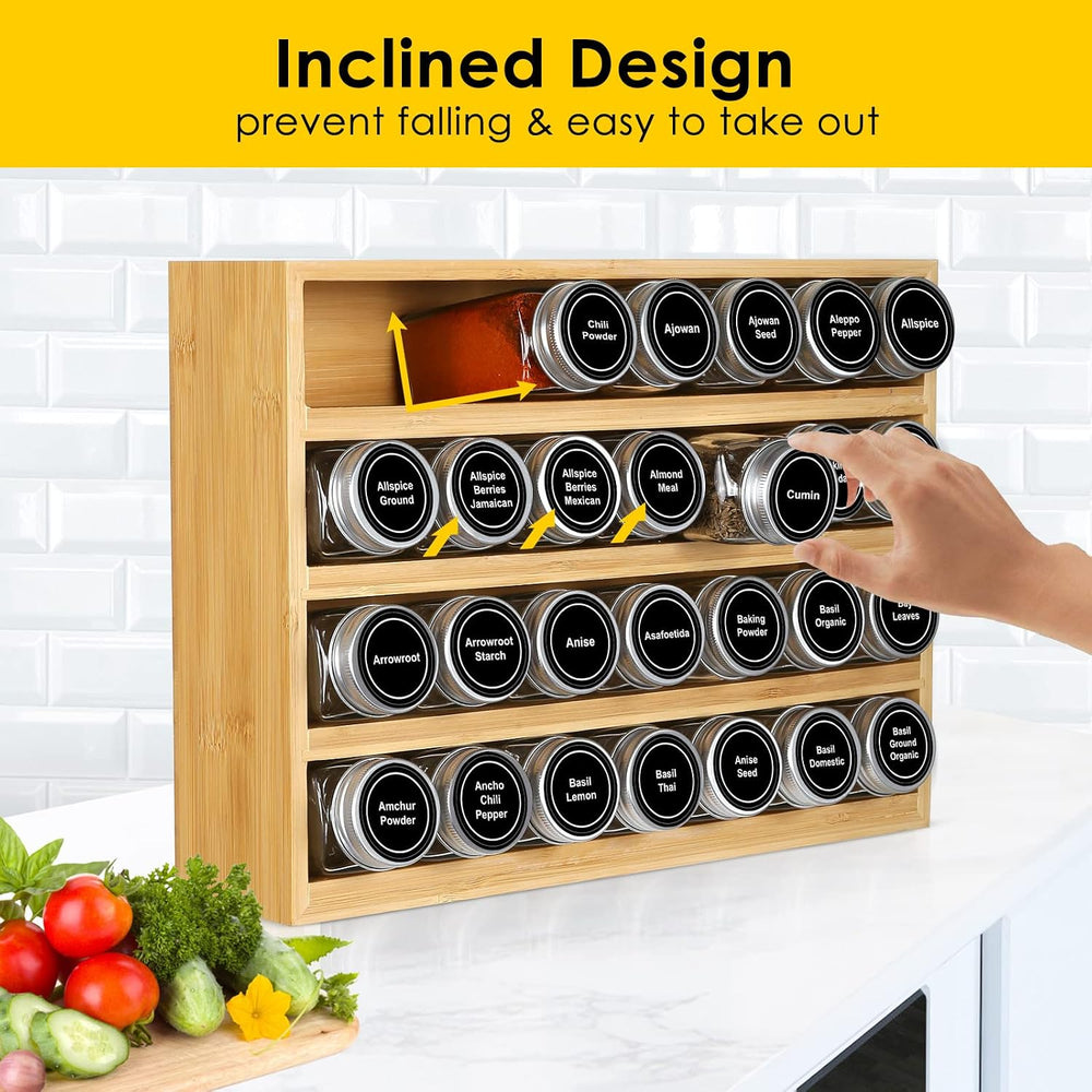 Bamboo Spice Rack Organizer With 28 Glass Spice Jars 4 oz, for Countertop