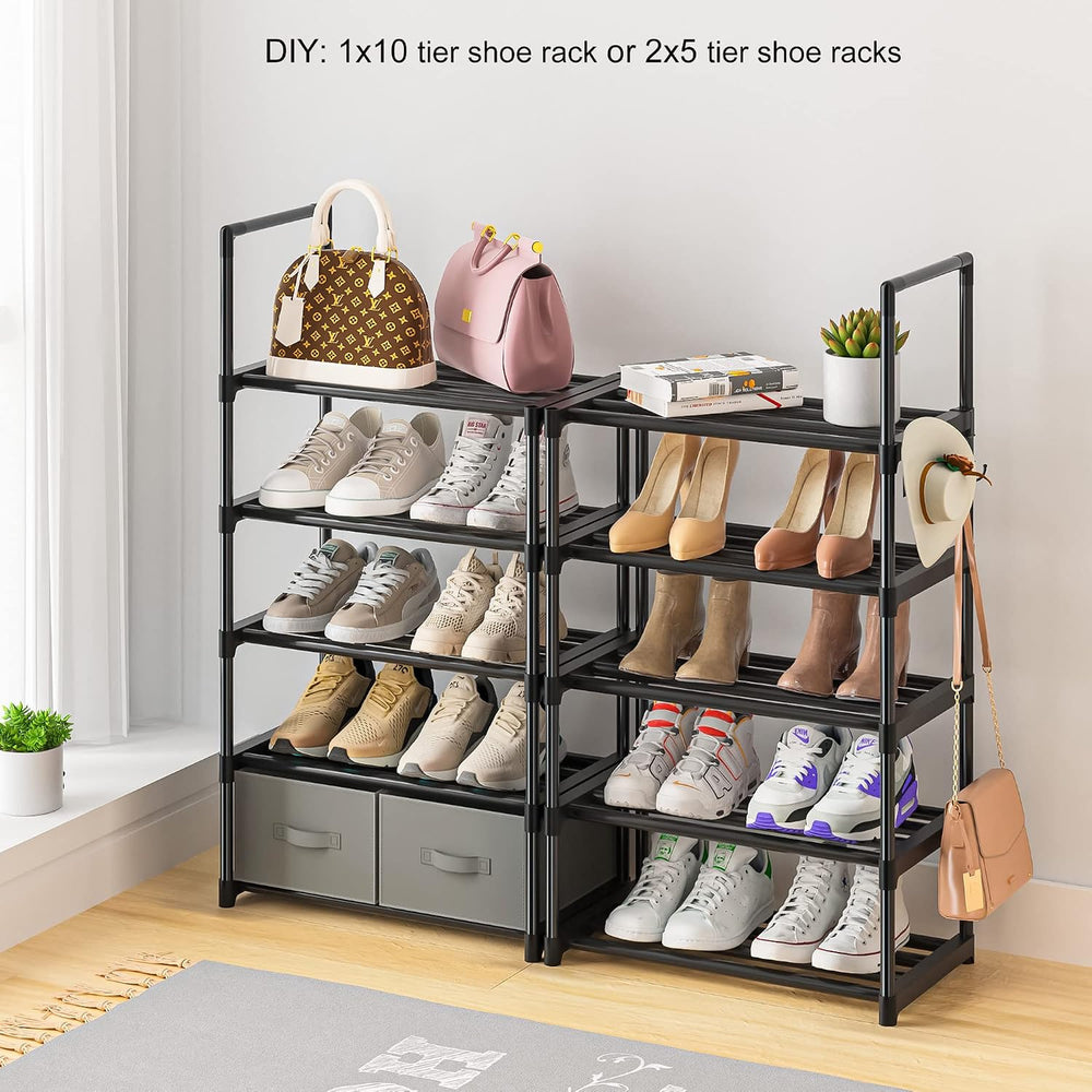 OYREL Tall Shoe Rack Narrow 10 Tier Shoes Rack 20 25 Pairs + 2 Boxes 1 Hook