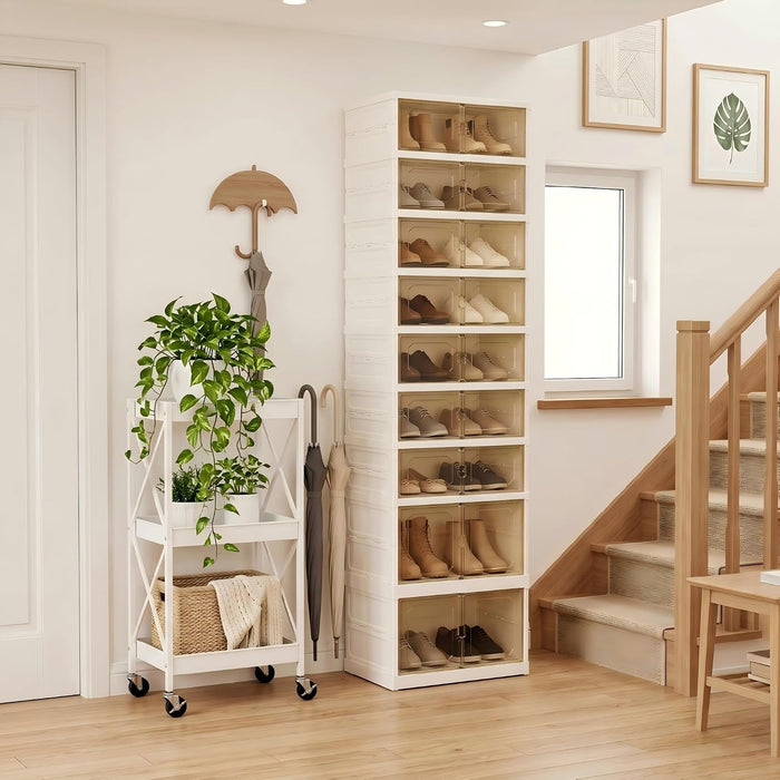 Foldable Shoe Rack, 9 Tier Collapsible Shoe Rack with Magnetic Doors, Large Capacity Clear Display Cabinet with Wheels for 18 Pairs, Apartment Entryway