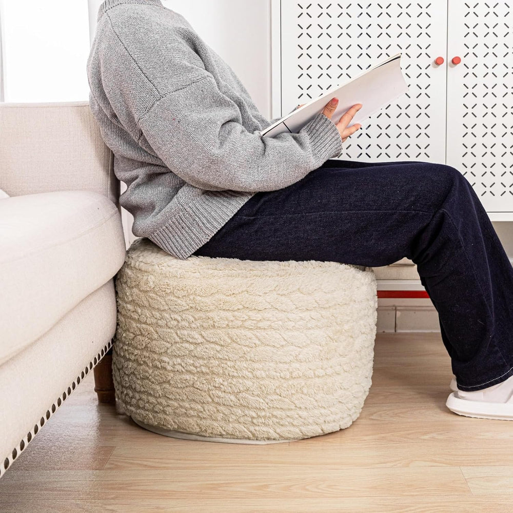 Round Pouf Ottoman Footstool 20x14In Ottoman Footrest for Couch Linen White
