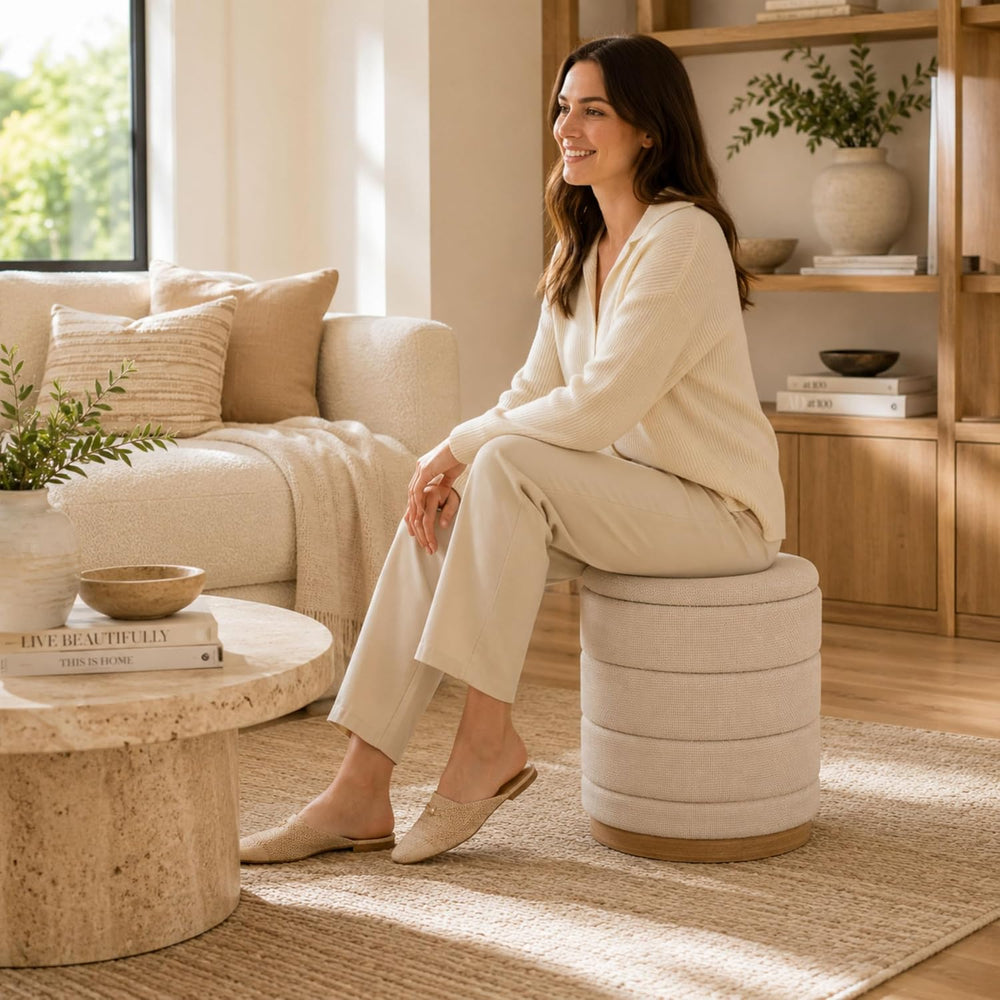Linen Storage Ottoman Round Footrest with Hidden Storage, Biege 16" L X1...