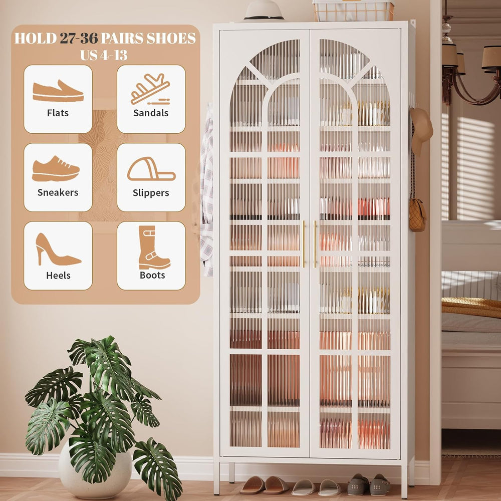 9-Tier Tall Shoe Cabinet with 2 Doors, 67-Inch, Metal, White