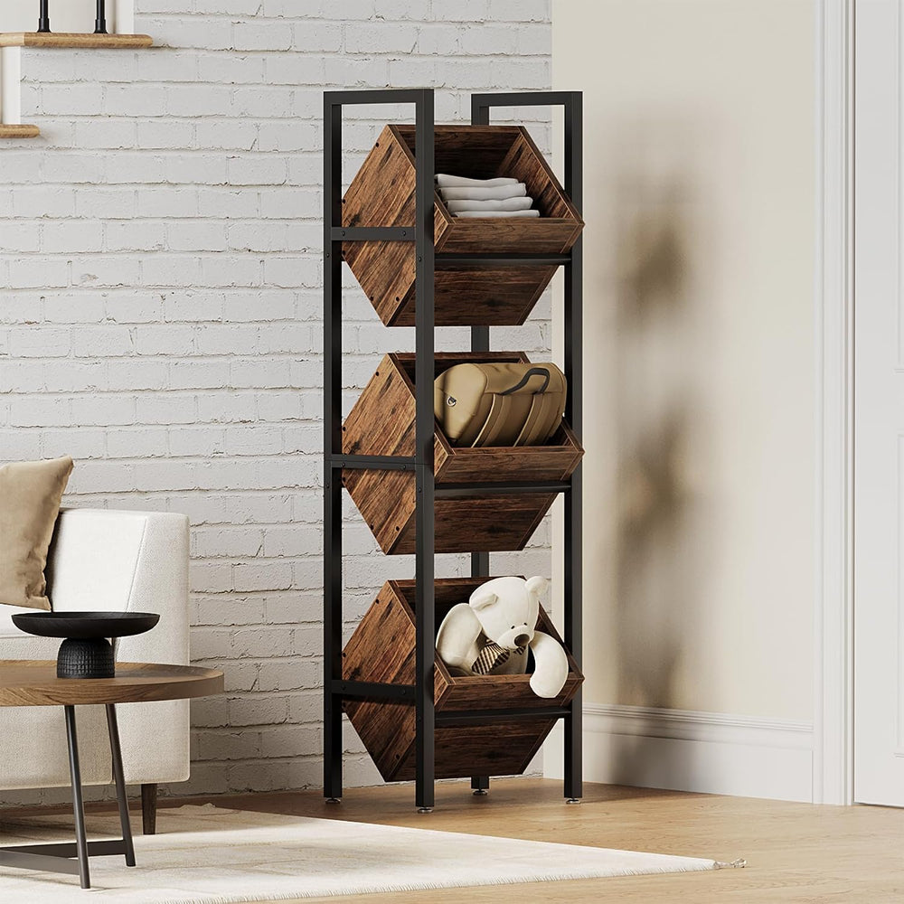 LITTLE TREE 3-Tier Basket Stand, Wooden Floor Stand Shelving Unit, Standing O...