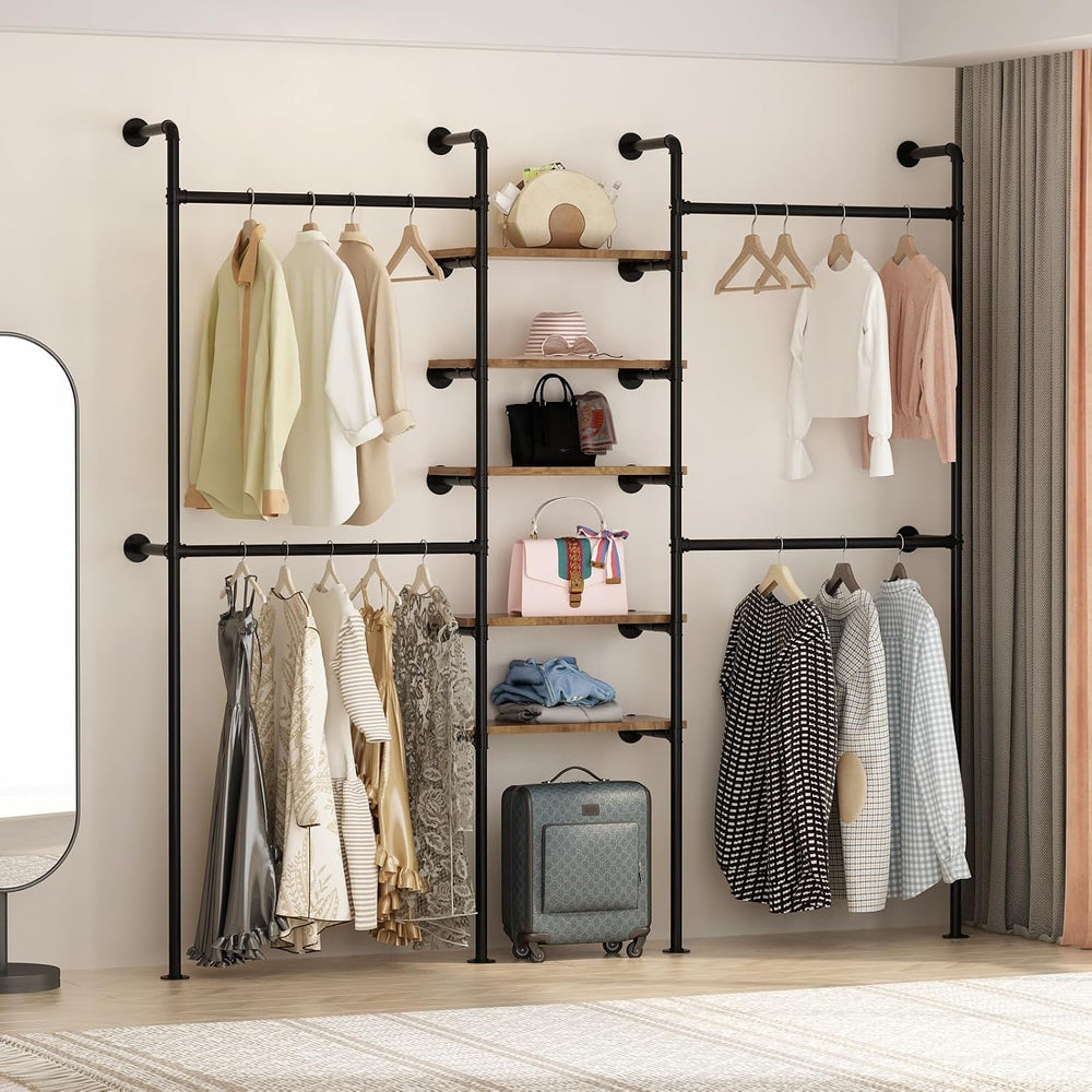 Industrial Pipe Clothing Racks with 5 Shelves, Wall Mounted Clothes Rack for ...