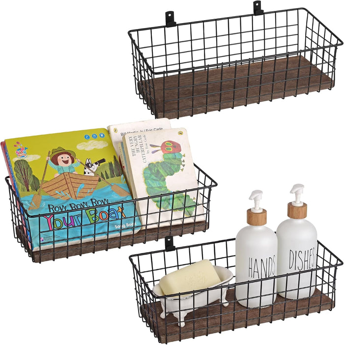 Wall Hanging Baskets, 3 Wooden Wire Bins with Hooks & Adhesive Mount(Extra)