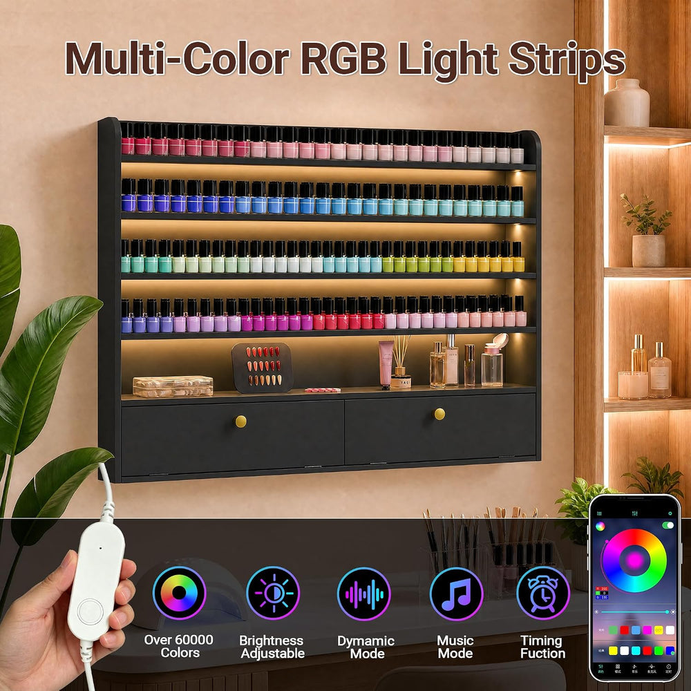 Wood Nail Polish Rack with Cabinet, 5-Tier Nail Polish Display Shelf, Black