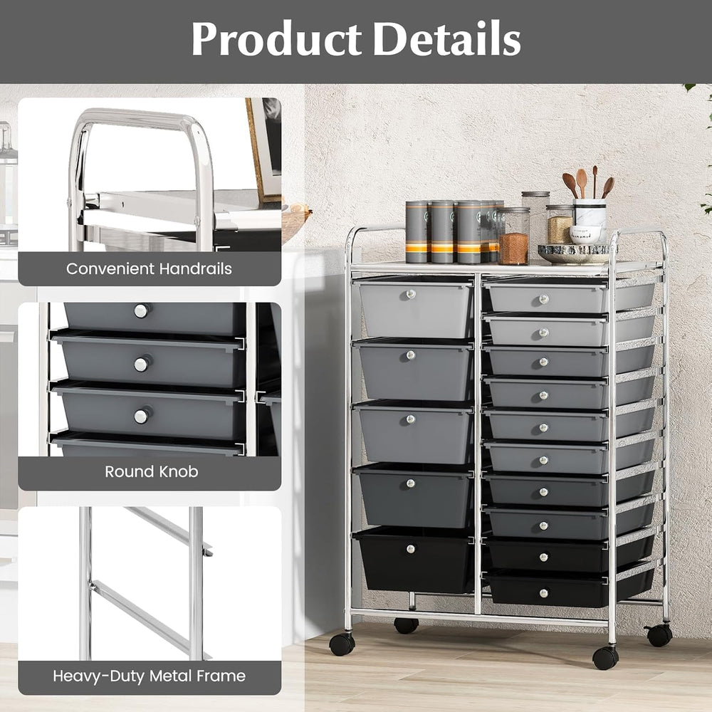 COSTWAY 15 Drawer Rolling Storage Cart, Mobile Storage Organizer