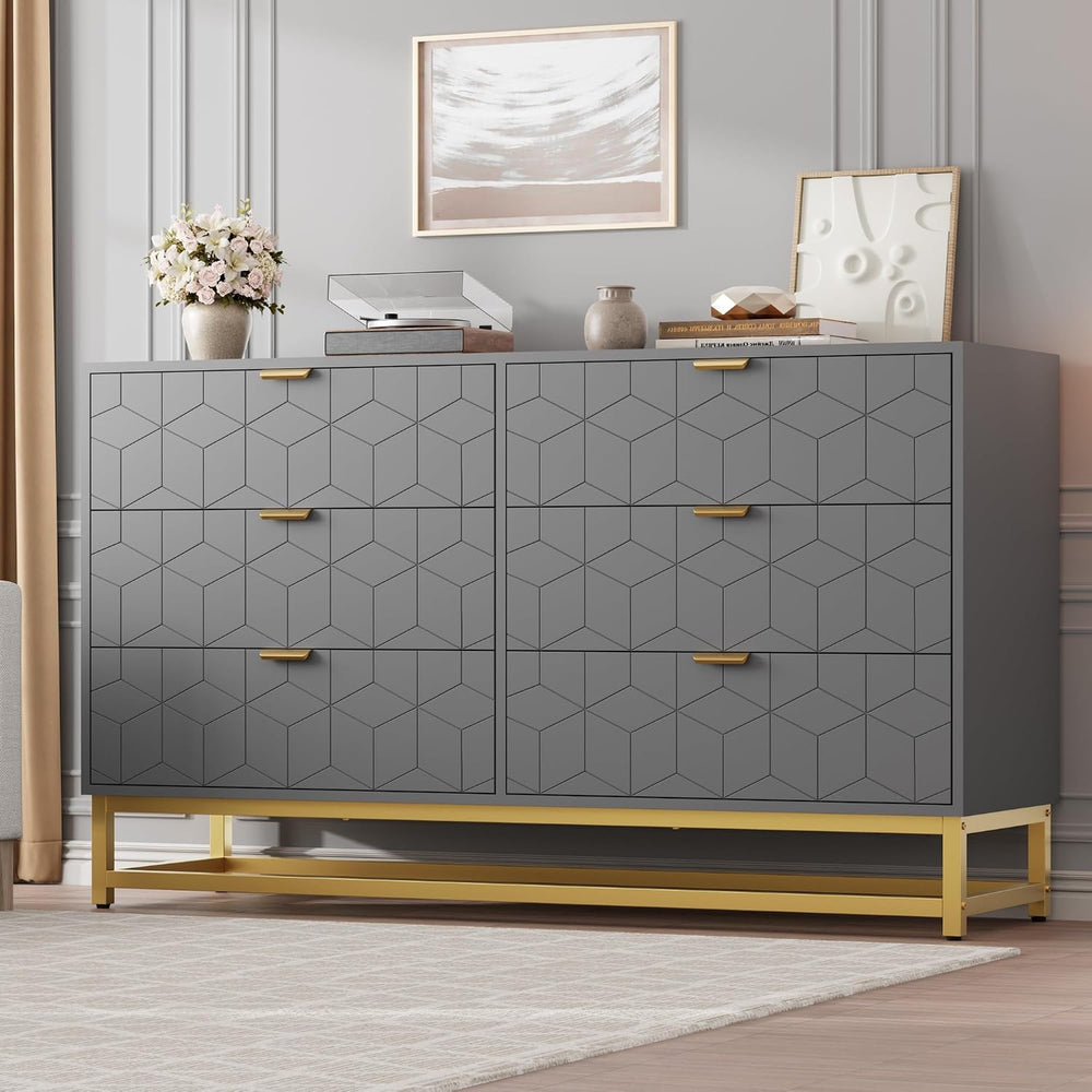 IDEALHOUSE Grey 6 Drawer Dresser for Bedroom, 53.5” Large Dresser with Metal ...