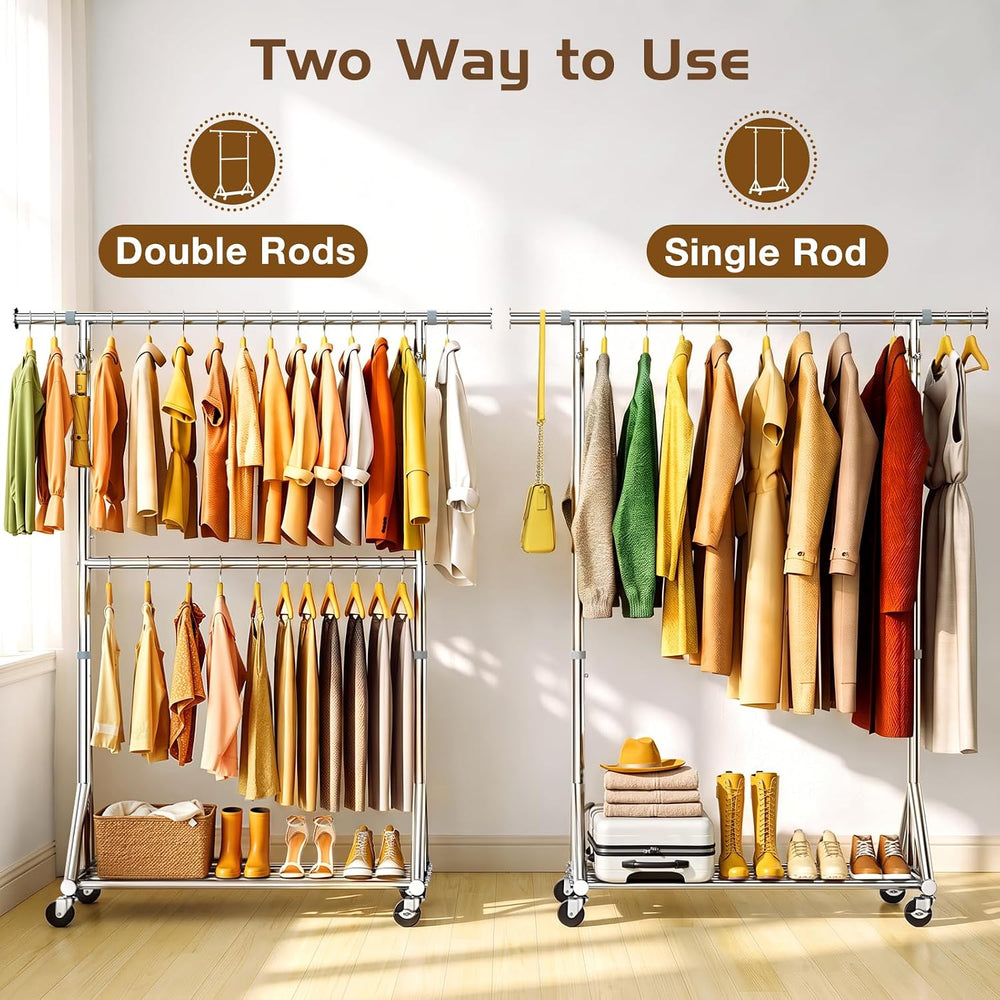 Heavy Duty Rolling Clothes Rack with Double Rods for Hanging Clothes, Adjusta...