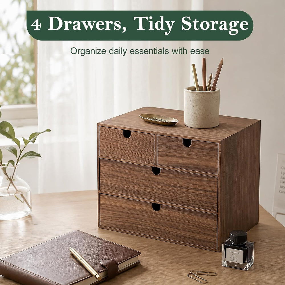 3-Tier Wooden Desk Organizer with 4 Drawers, Walnut Finish