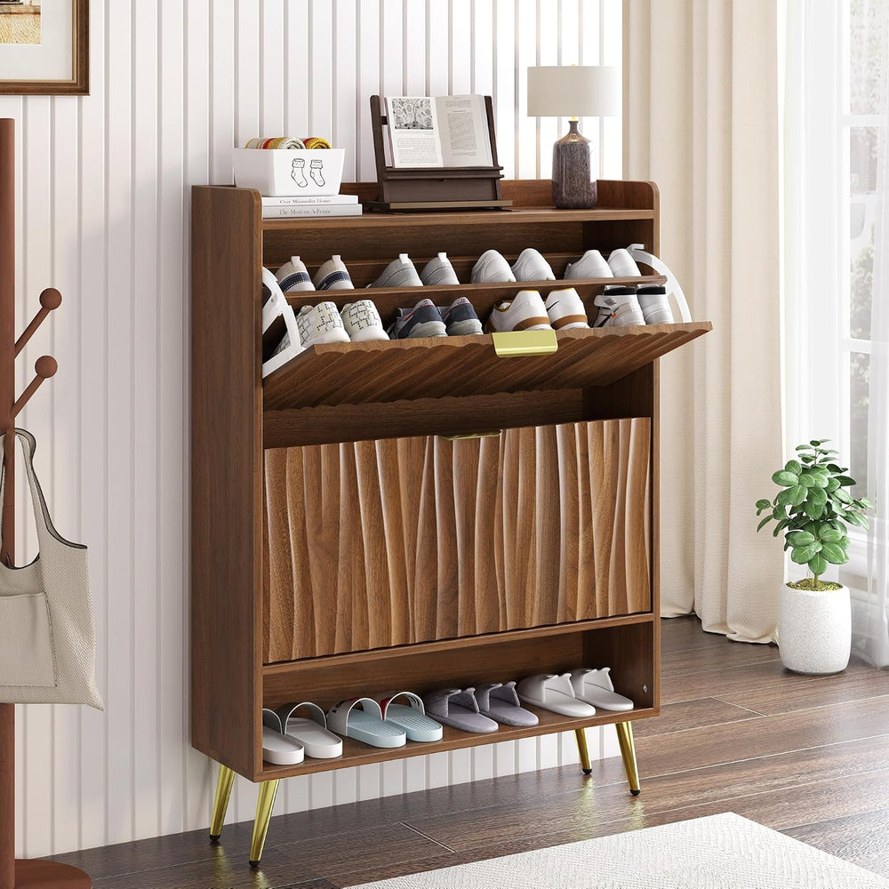 Shoe Storage Cabinet with with 2 Flip Drawers, Entryway Shoe Rack Organizer w...