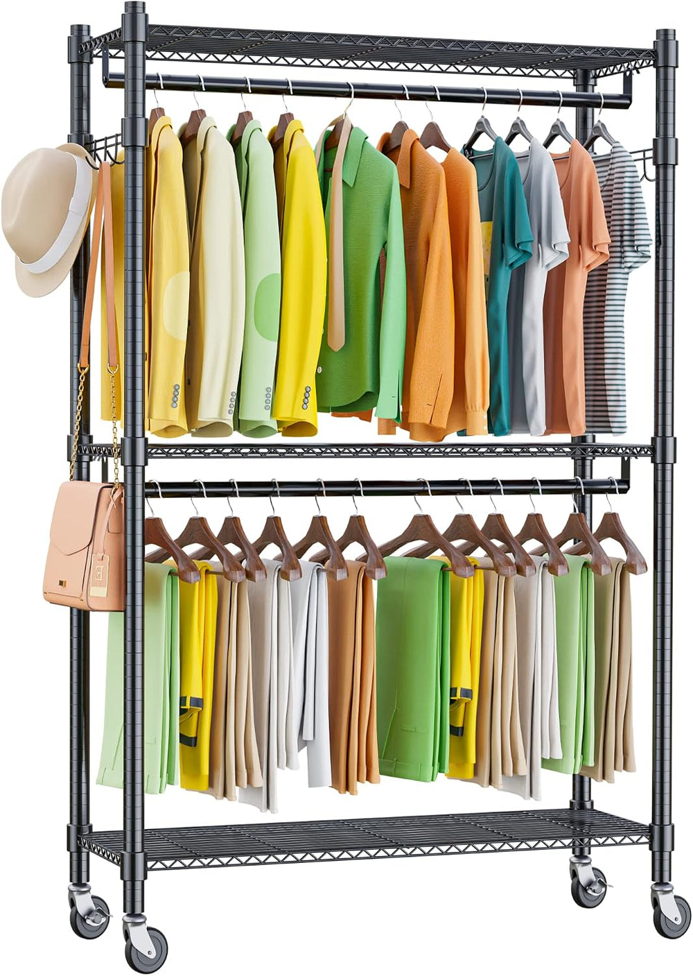 Homdox Double Rod Closet 3 Shelves Wire Shelving Clothing Rolling Rack Heavy ...