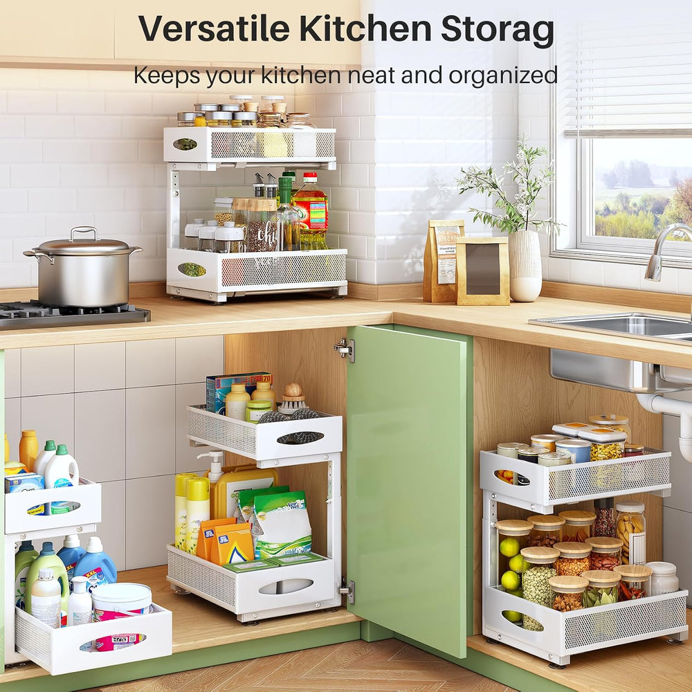 Under Sink Organizer, 2 Pack 2 Tier Pull out Cabinet Organizer Baskets with M...
