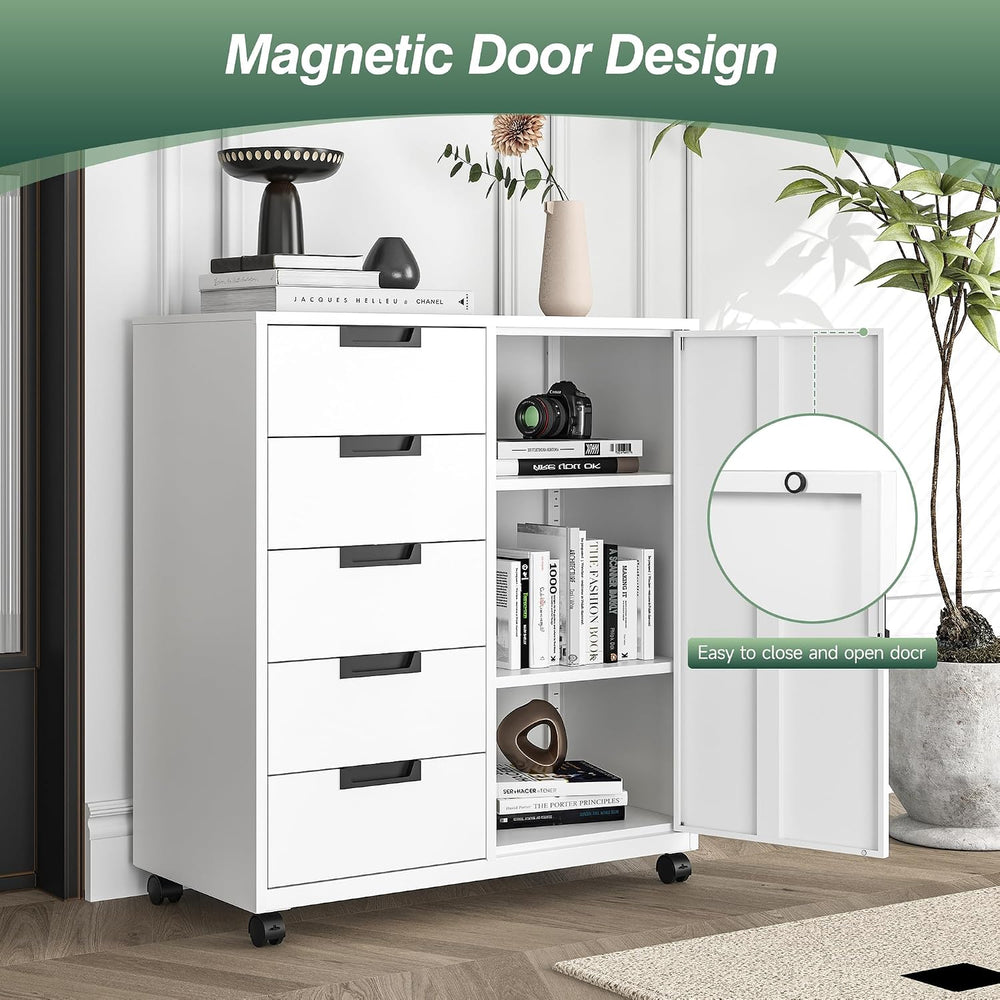 MIIIKO 5 Drawer Storage Cabinet with Door and Shelf, Mobile Lateral Cabinet o...