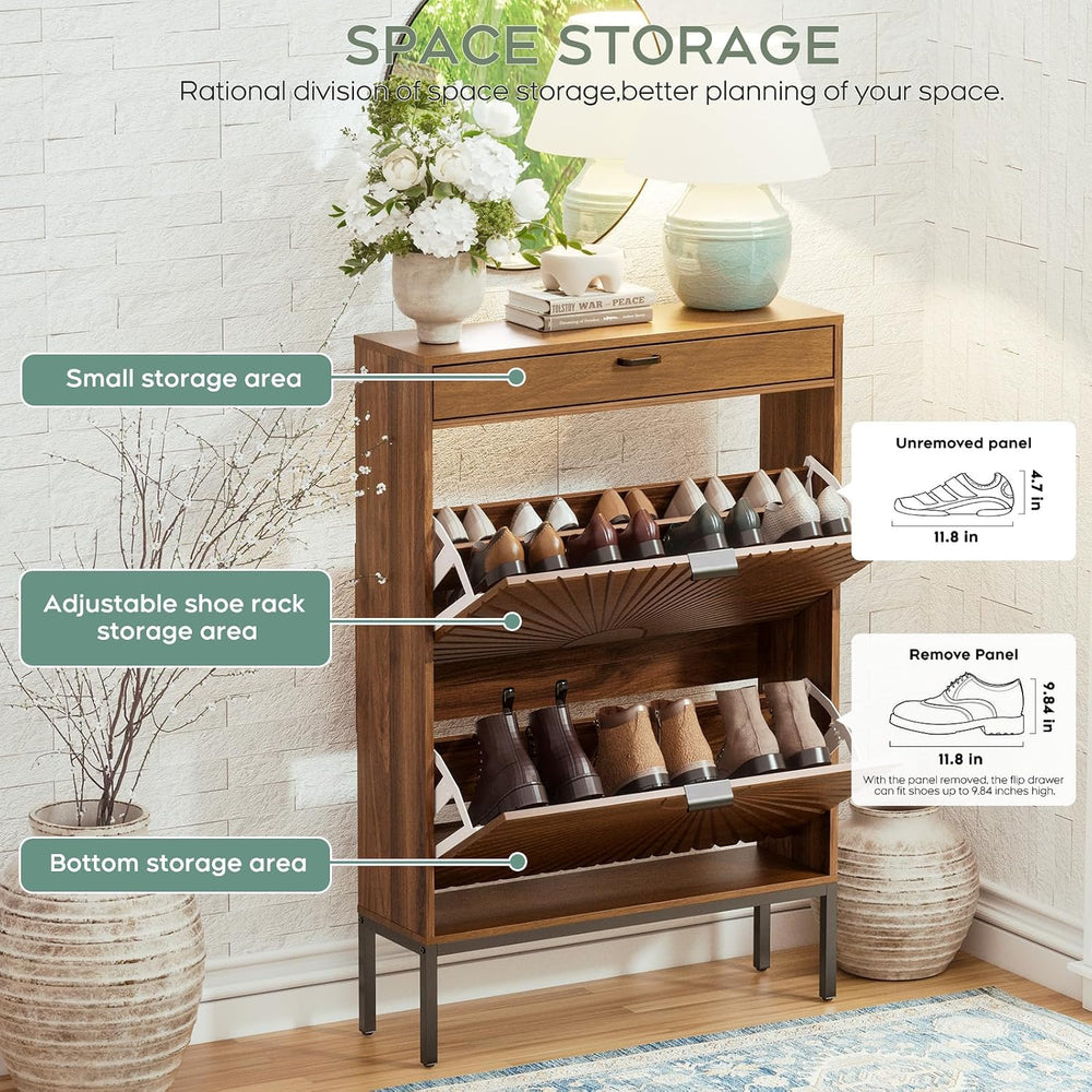 Yechen Shoe Cabinet with Sun Pattern Doors, Modern 2 Flip Drawer Entryway Sho...