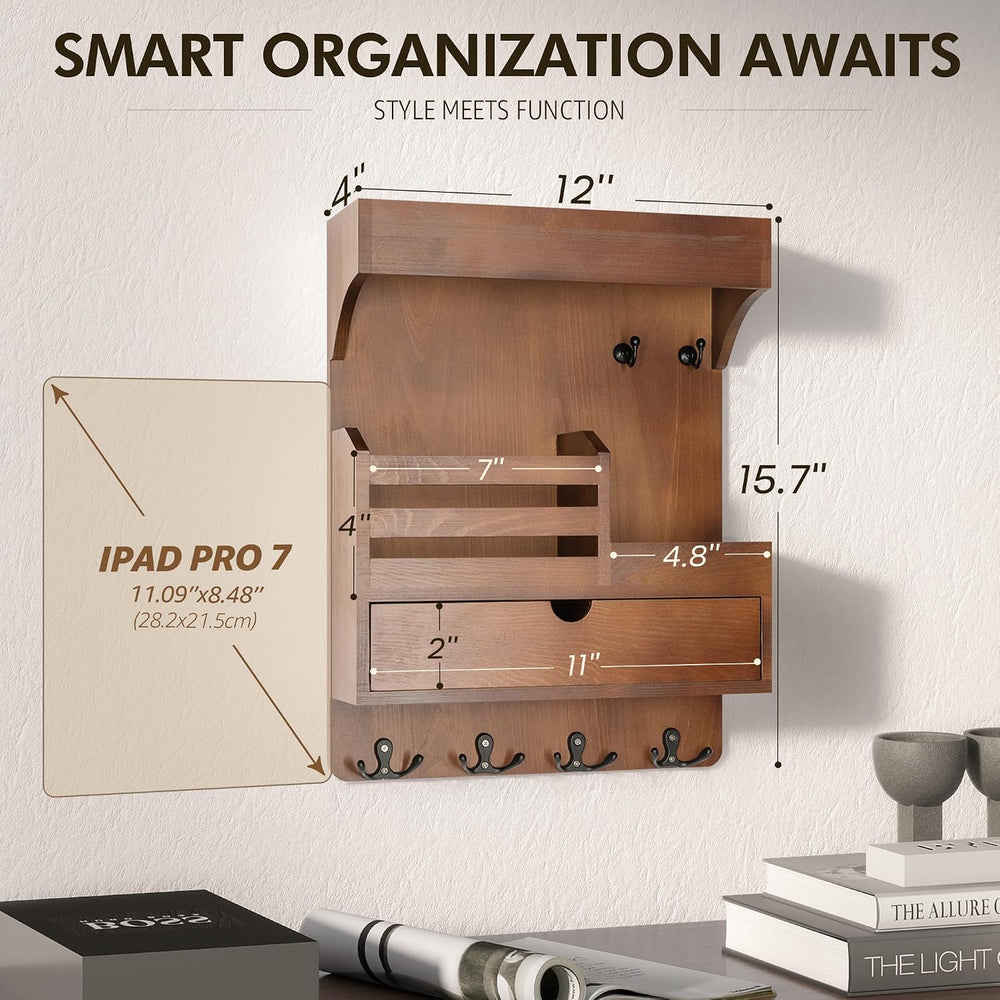 Rebee Vision Key Holder Wall Mount with Drawer Organizer for Entryway,Brown
